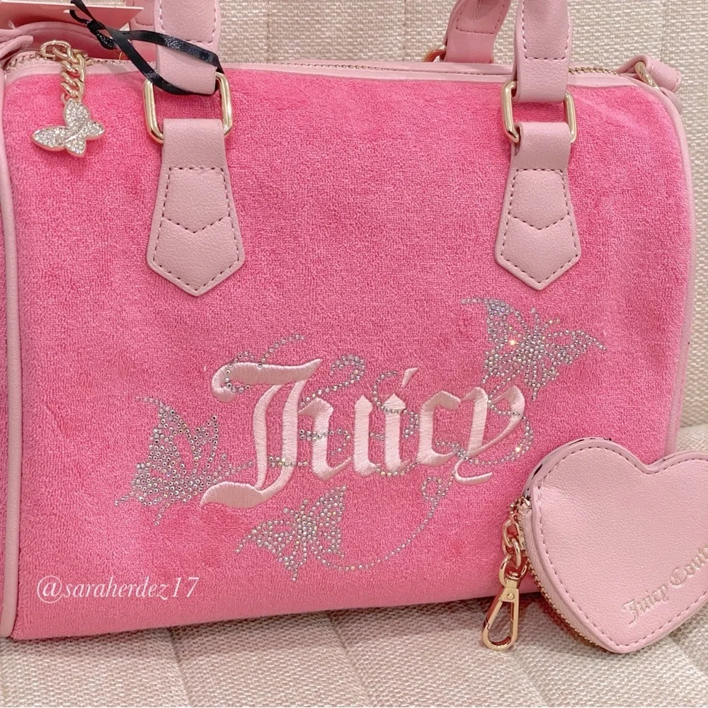 NEW Juicy Couture Pink Terry Cloth Barrel Bag Butterfly‎ Rhinestone Satchel